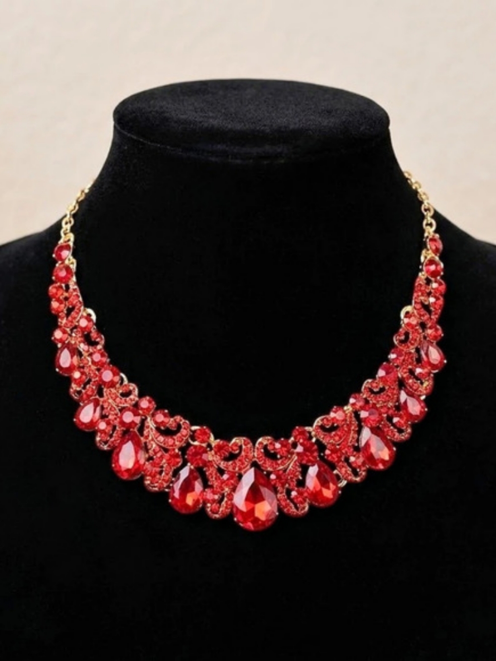 Vtg Y2K Ruby Red Rhinestone Statement Necklace Bib Collar Vamp Goth Wedding Prom
